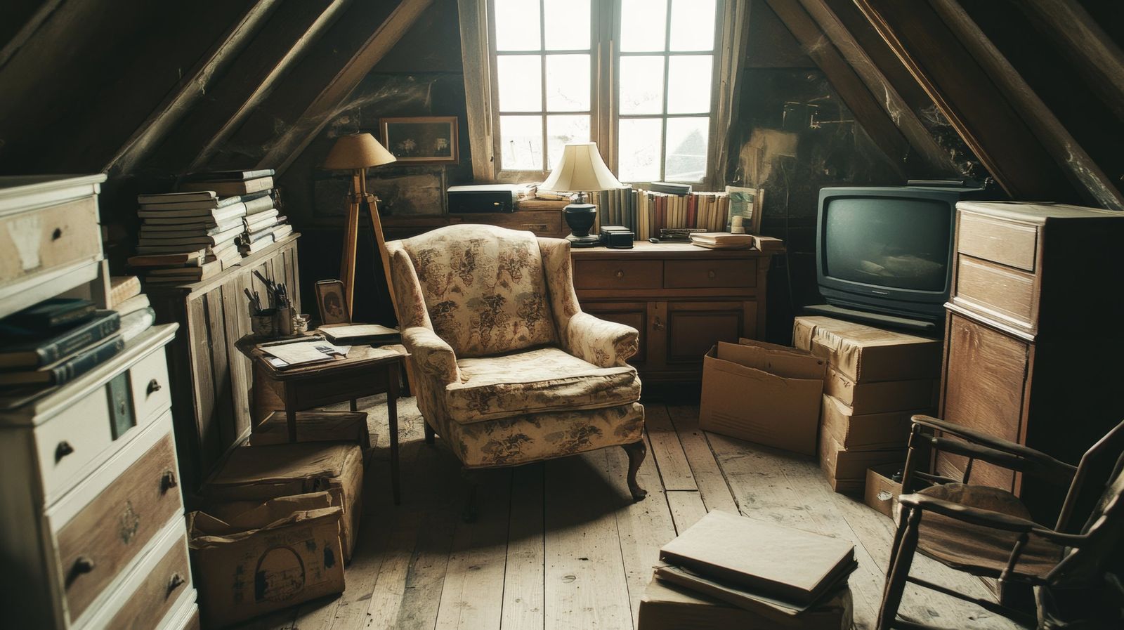 Attic full of old furniture, books, and a tube TV before an estate cleanout in Leonardtown, MD