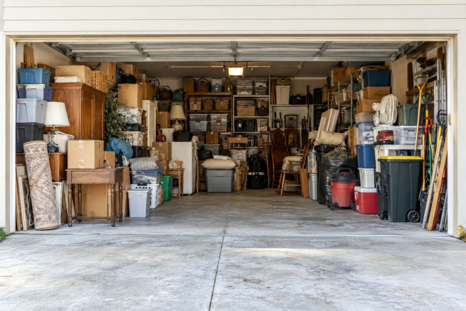 Garage packed with boxes, bins, and old furniture before a garage cleanout in Great Mills, MD
