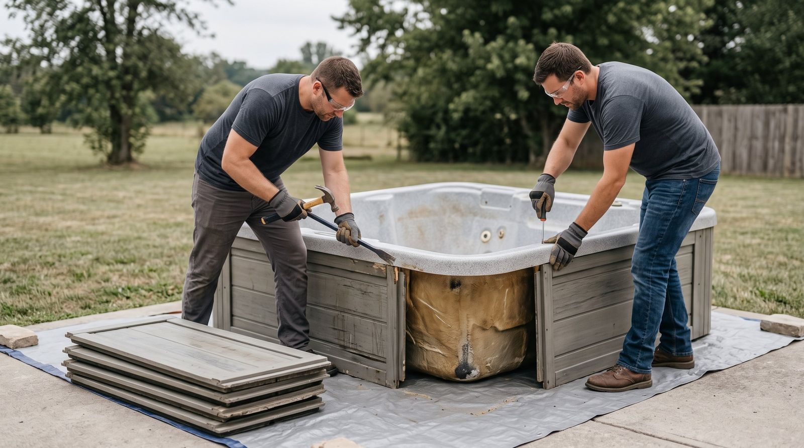 Two-person crew taking apart an old hot tub in a large wooded backyard in Hollywood, MD