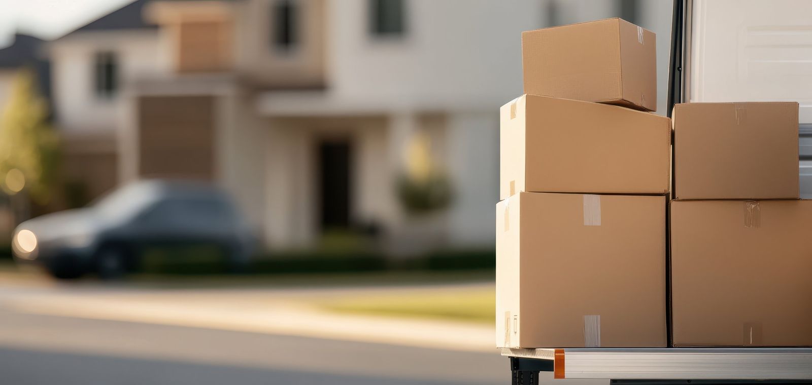 Moving boxes stacked on a truck lift outside a home in California, MD