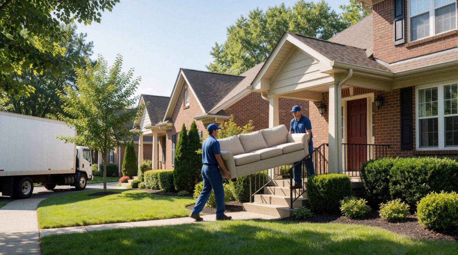 Two-person crew carrying an old couch out of a brick home to a box truck in Lexington Park, MD