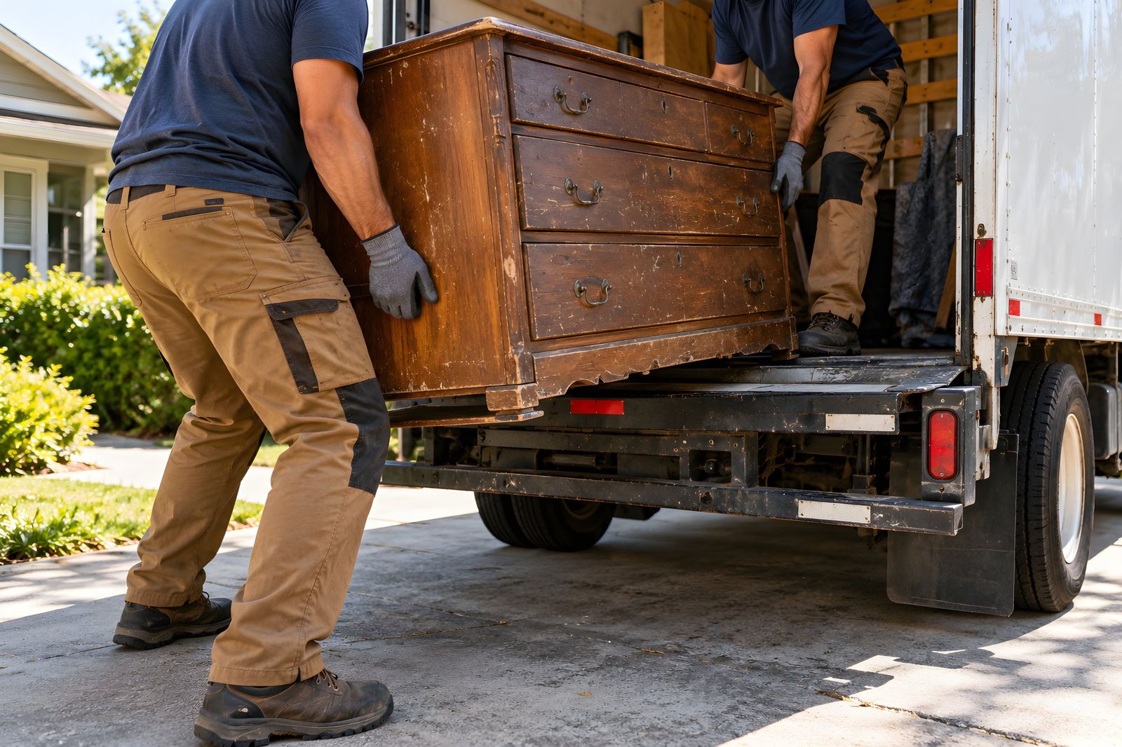 Two-person junk removal crew loading an old wooden dresser into a truck in a St. Mary’s County, MD driveway