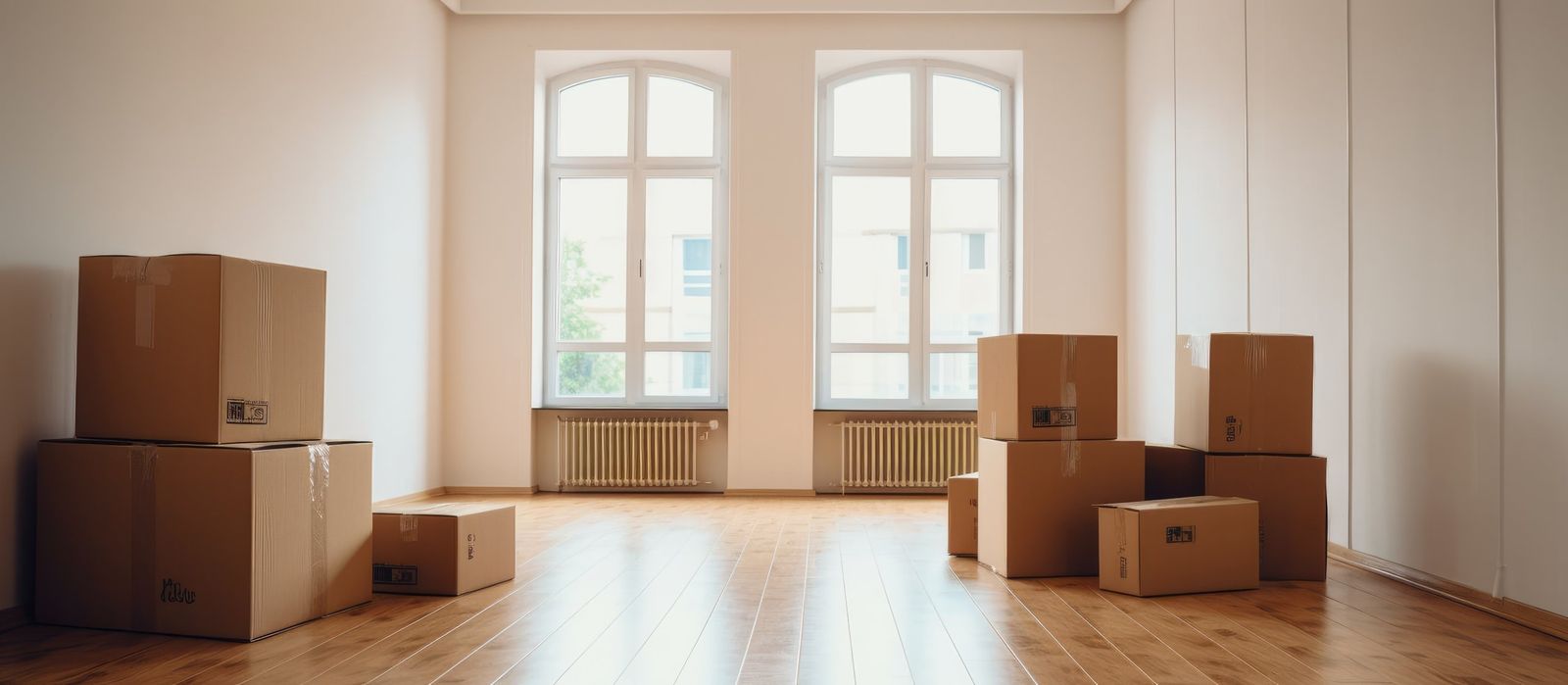Empty room with a few moving boxes left after a move-out cleanout near Pax River in Lexington Park, MD